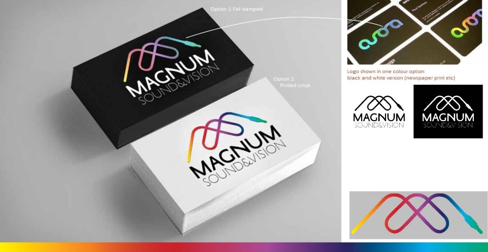 Magnum Sound and Vision logo concepts showing the multicolour sound-wave identity on printed business cards and in monochrome