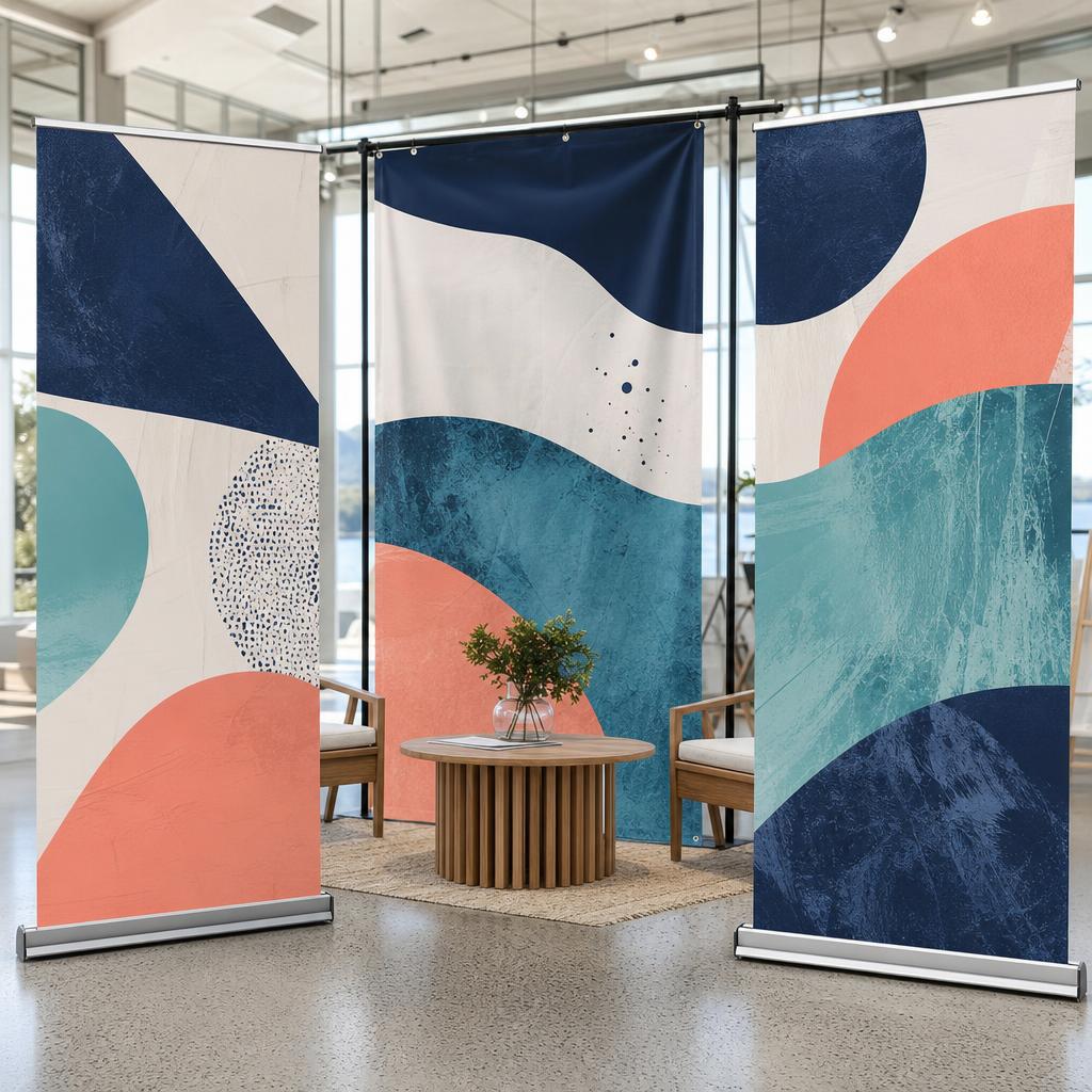Large-format printed banners in an event space