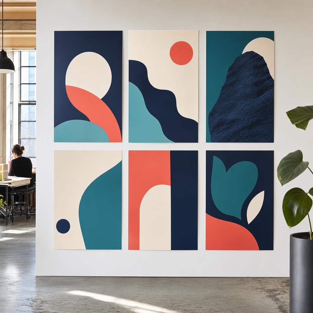 Printed posters displayed in a design studio
