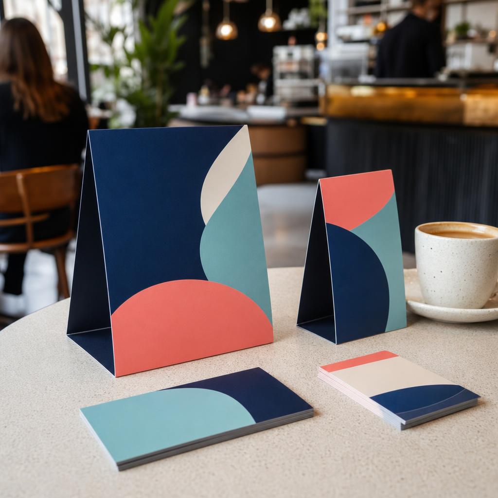 Folded table talkers displayed on a cafe table