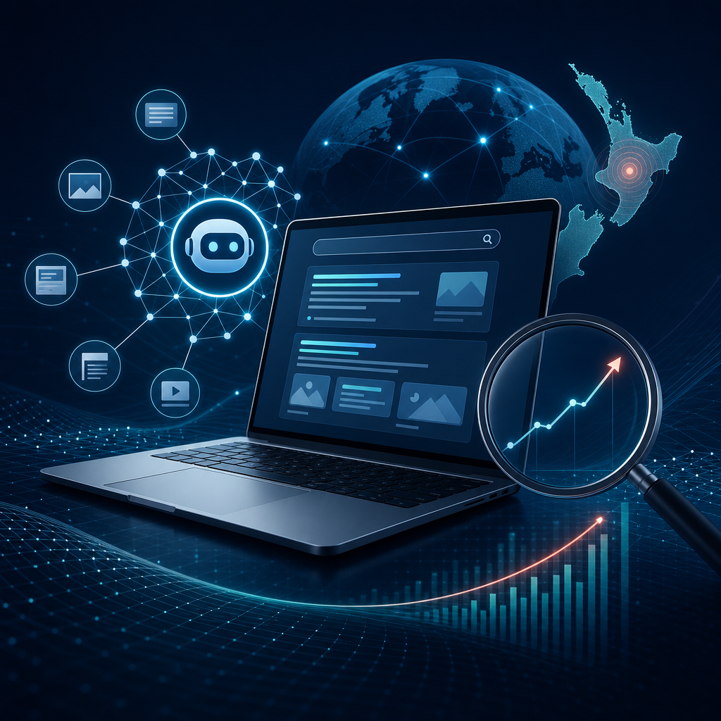 AI-powered search visibility visual with semantic content networks and ranking growth